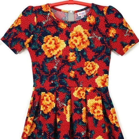 LuLaRoe Amelia Dress‎ Red Yellow Orange Floral Roses Pockets M Medium - Picture 5 of 12